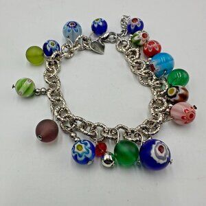 Millefiori Murano Glass Charm Bracelet Silver Tone Beaded Multicolor Statement